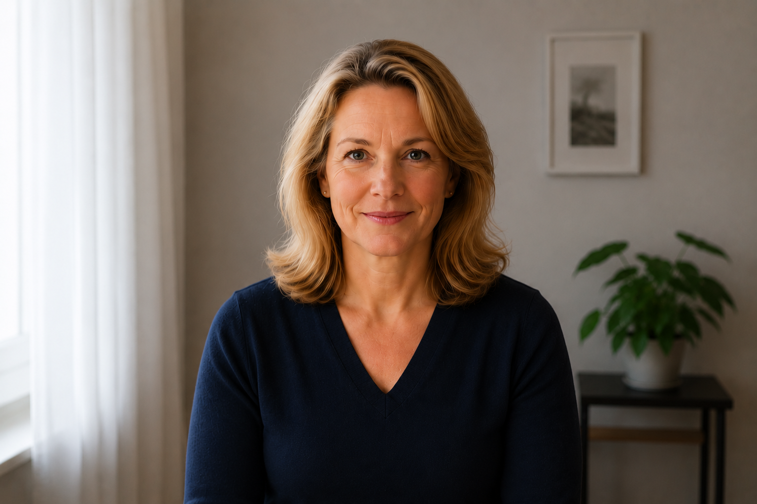 A well-framed interview shot: head and shoulders fill the frame with a small amount of space above the hair.